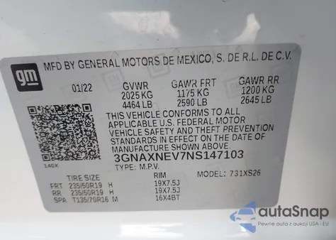 2022 Chevrolet Equinox Fwd Premier из США, поврежденный, VIN 3GNAXNEV7NS147103